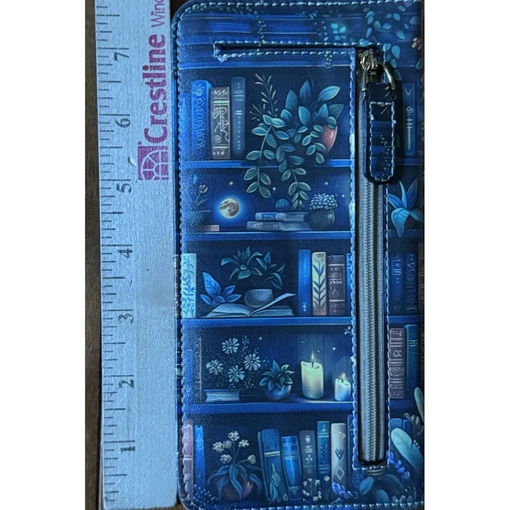 Book Lover Bookshelf Floral Blue Clutch Wallet Organizer Snap Closure Library